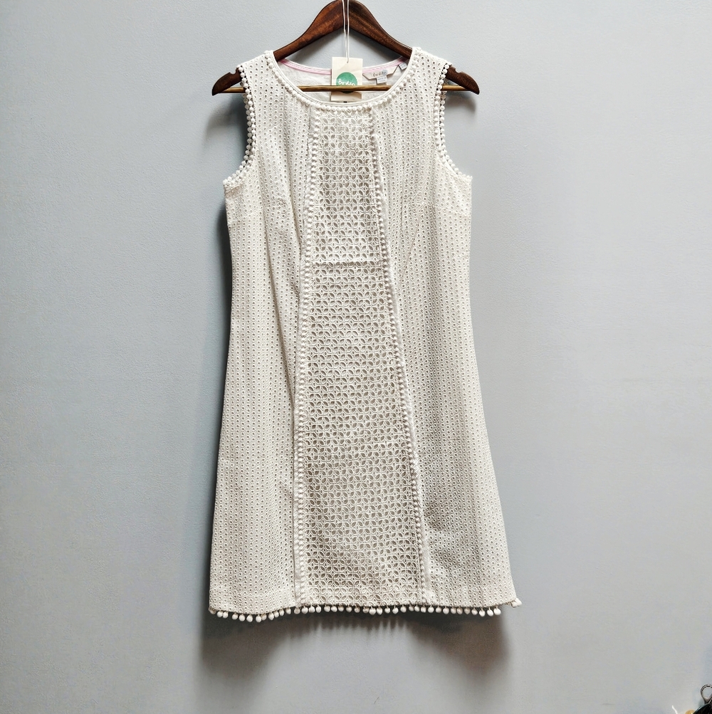 Boden Pom-pom Hem Eyelet Dress Ivory Women's 8 Long